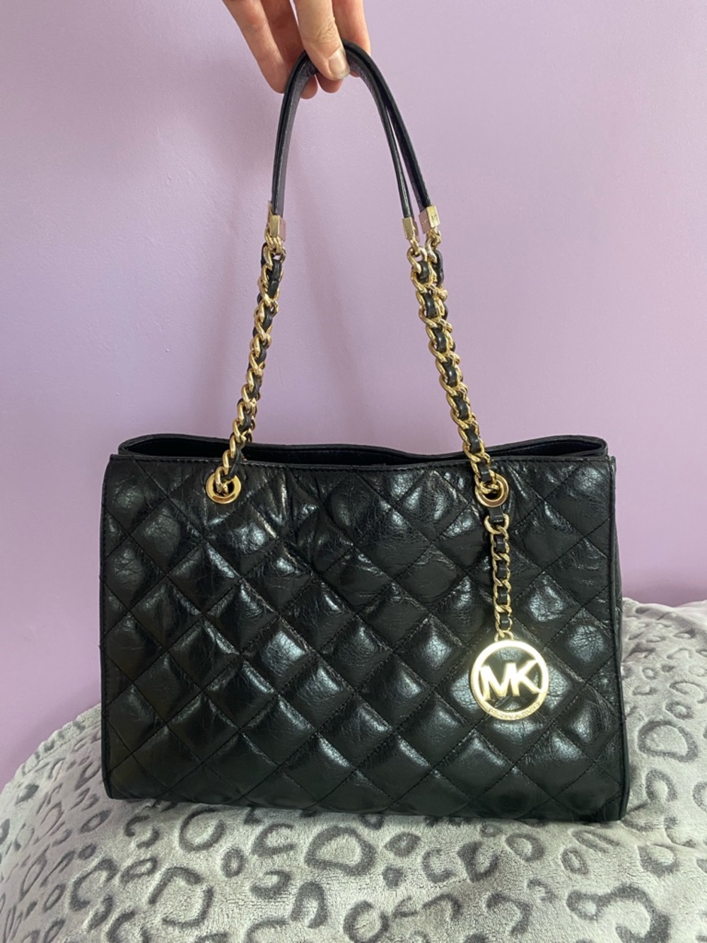 Michael Kors Black Quilted Shoulder Bag with Gold Chain Straps